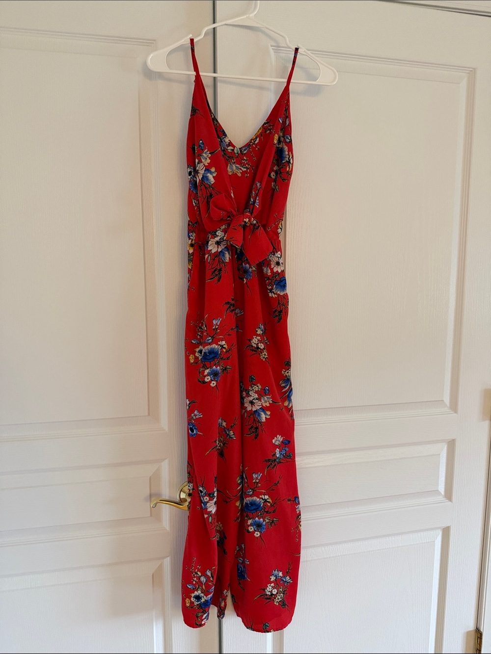Red Floral Spaghetti-Strap Jumpsuit with Tie Waist